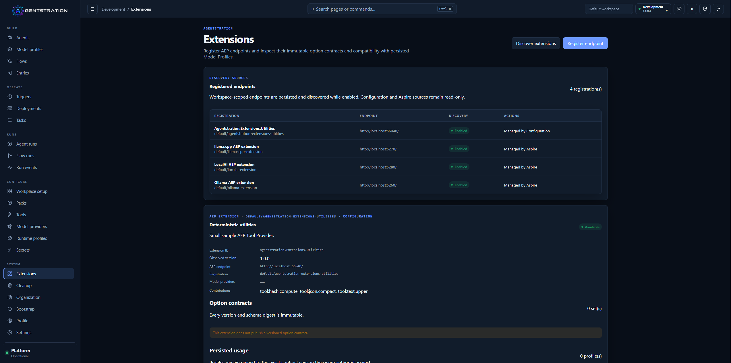 Agentstration Extensions Console showing registered AEP endpoints, discovered contributions, and immutable contract metadata