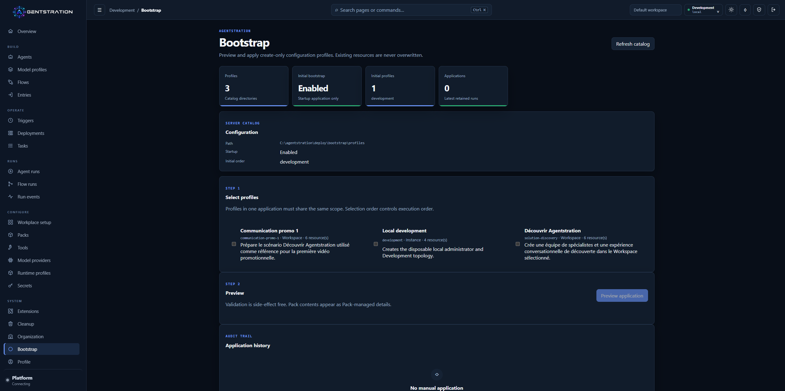Agentstration Bootstrap catalog showing status, available profiles, ordered selection, preview, and audit history