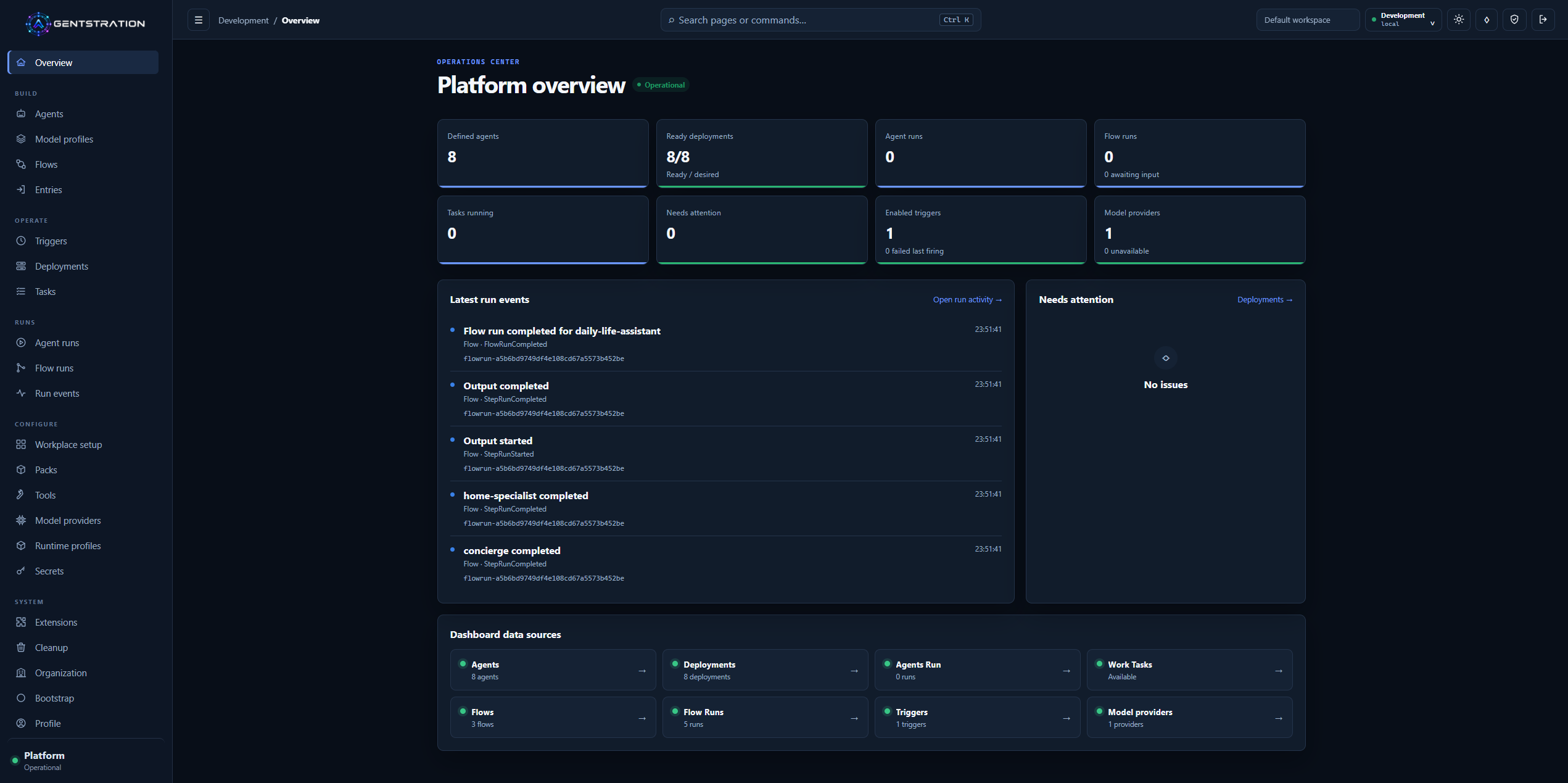 Agentstration operations center with persisted metrics, platform health, recent Run events, and data-source navigation
