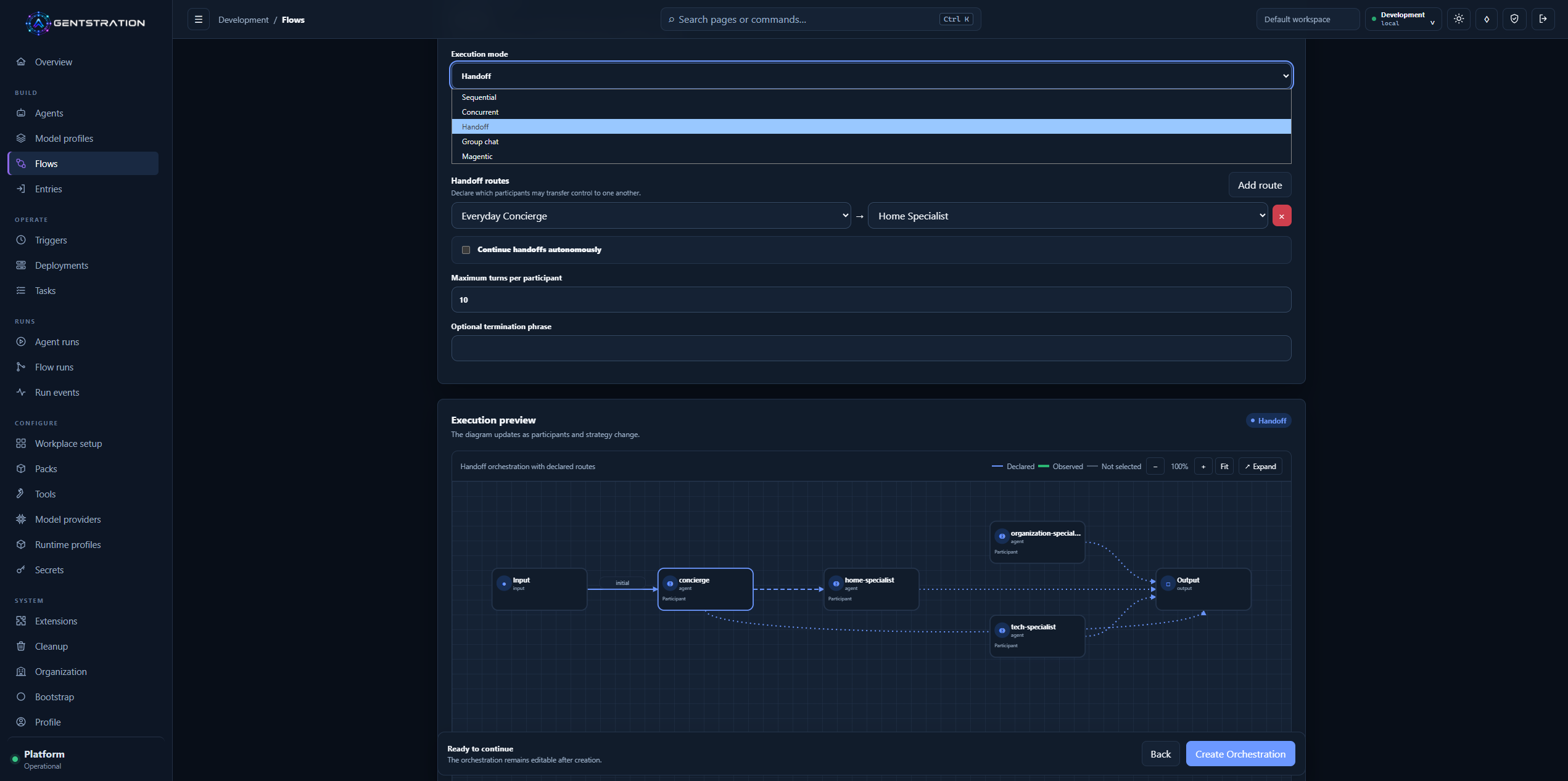 Agentstration Flow orchestration configuration showing Handoff mode, declared routes, limits, and execution preview