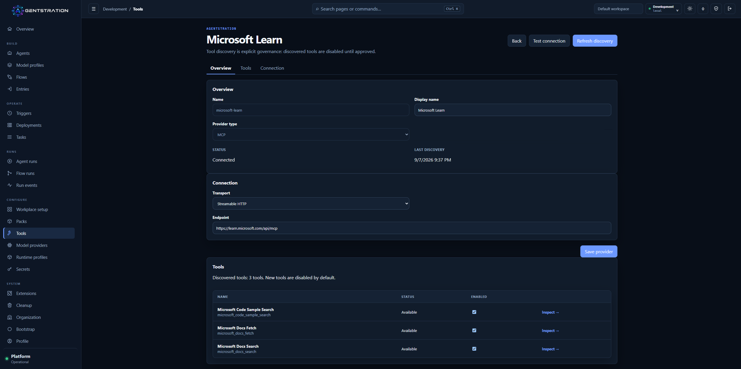 Microsoft Learn MCP provider with explicit discovery and per-tool activation in Agentstration