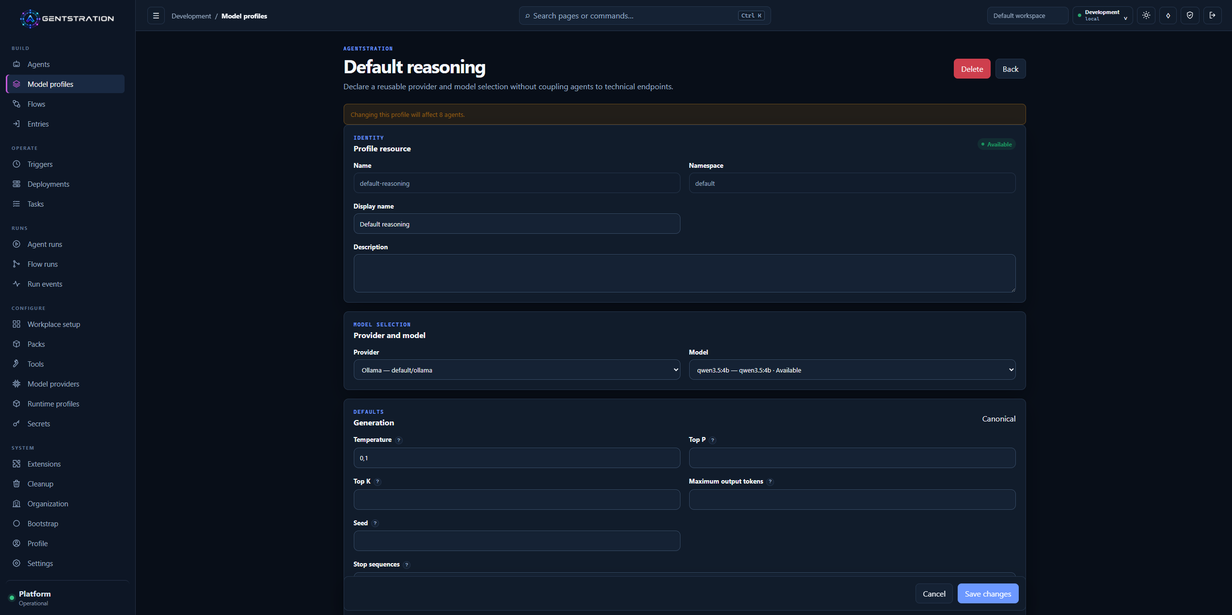 Agentstration Model Profile showing its provider, discovered model, and canonical generation defaults