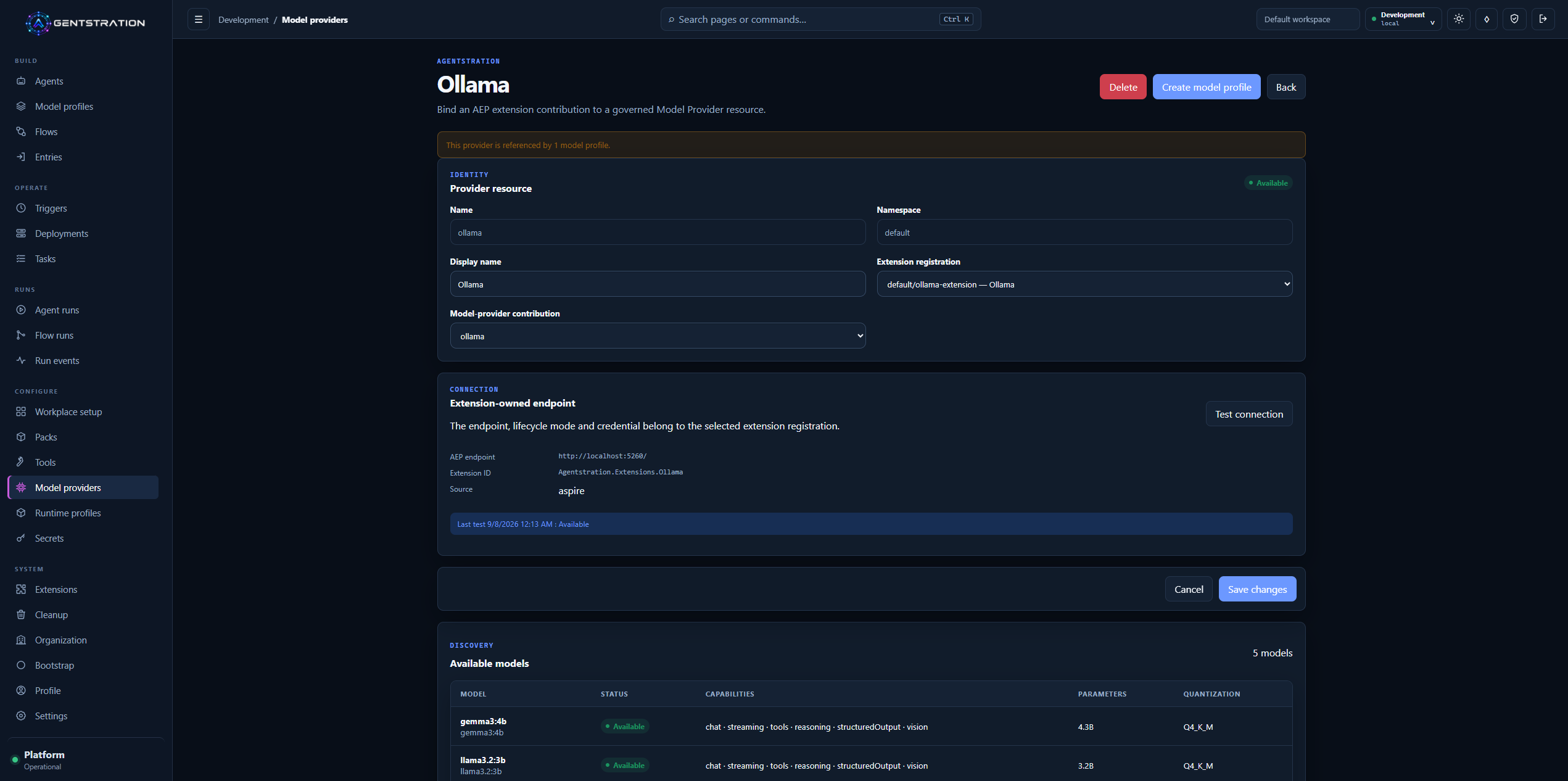 Agentstration Ollama Model Provider showing its AEP extension binding, connection state, and discovered models