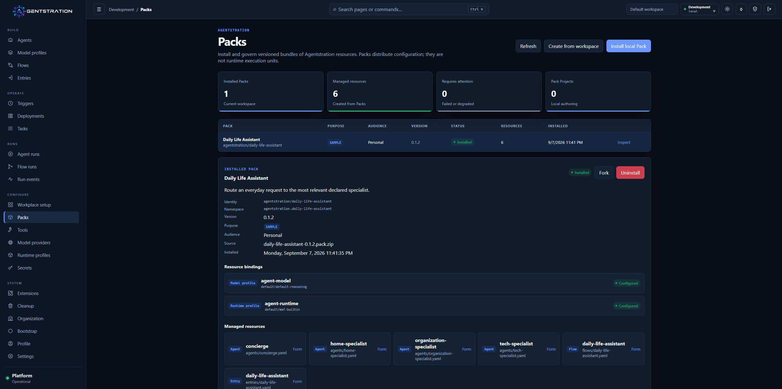 Installed Agentstration Pack showing provenance, resource bindings, managed resources, and lifecycle controls