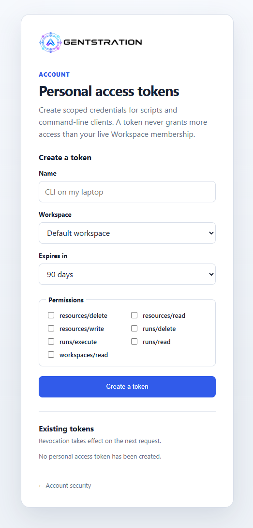 Agentstration personal access token form with workspace, expiry, and permission controls