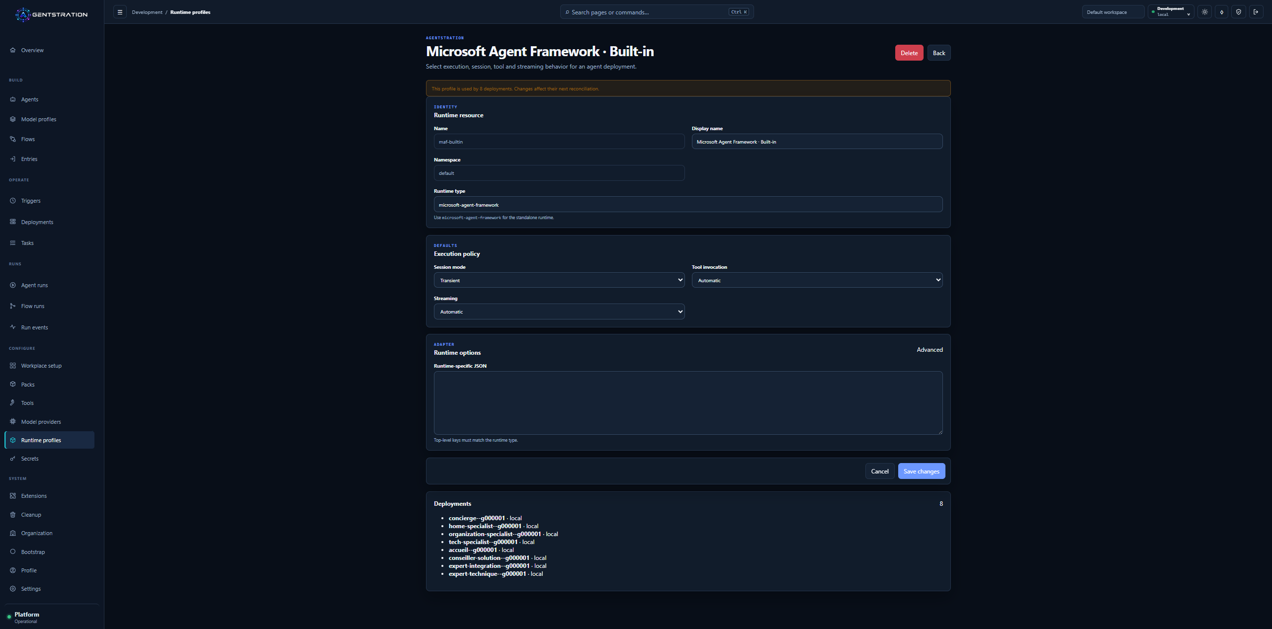 Built-in Microsoft Agent Framework Runtime Profile showing execution policy and deployment usage