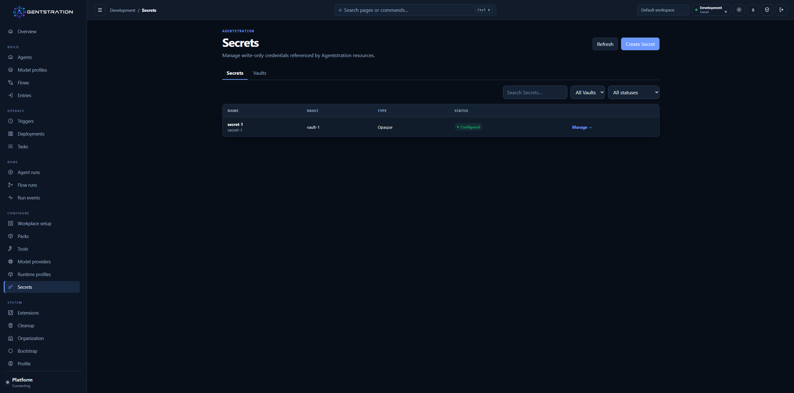 Agentstration Secrets catalog showing a configured opaque secret and its workspace-scoped Vault