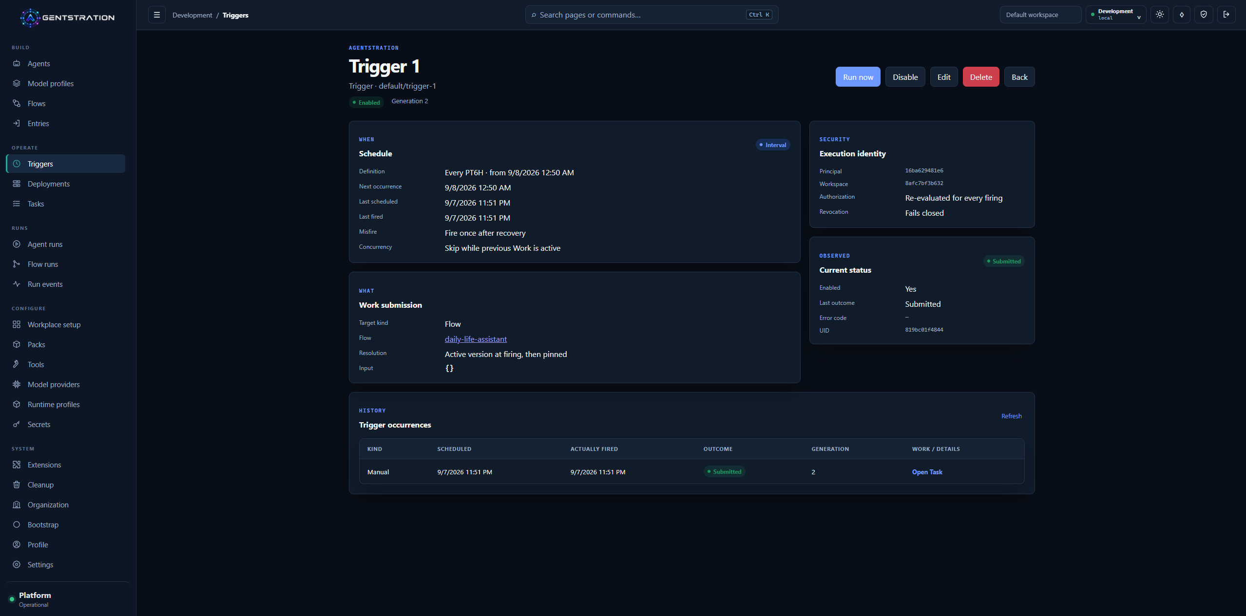 Agentstration scheduled Trigger showing interval policy, execution identity, Flow target, state, and occurrence history