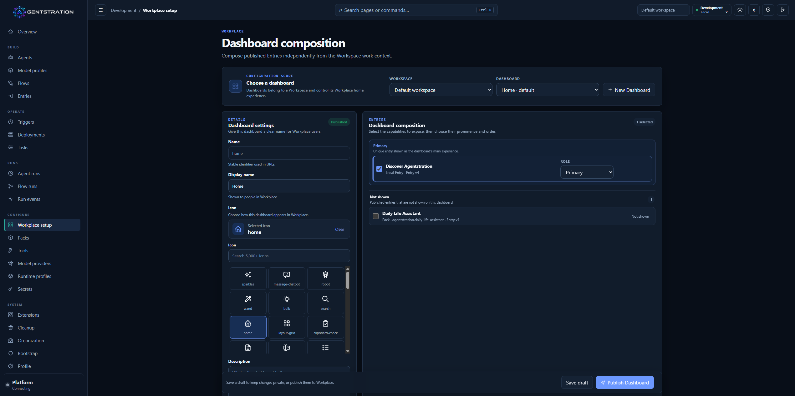 Agentstration Workplace dashboard composition showing the primary Entry, hidden Entry, icon picker, and publication controls