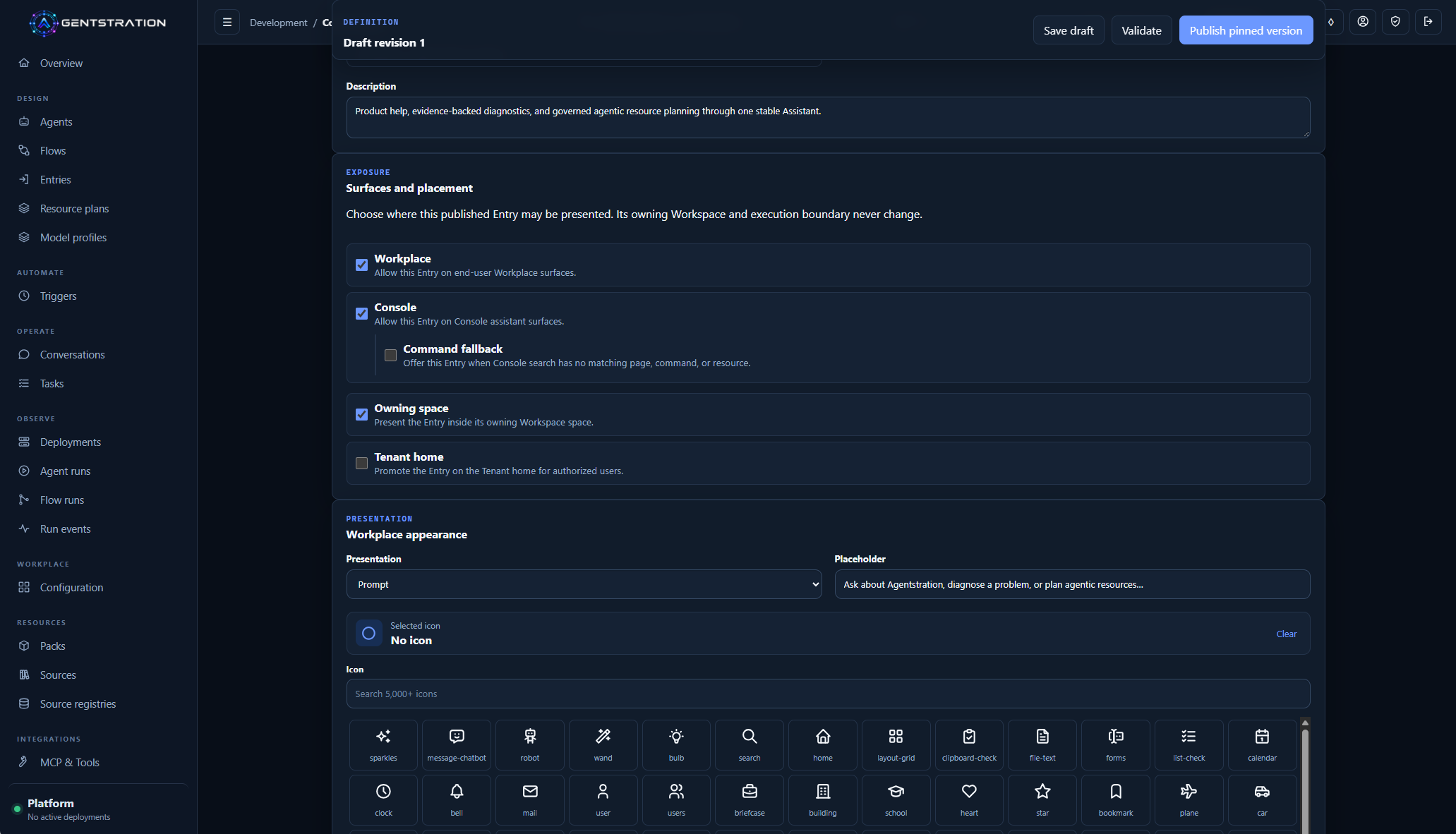 Published Entry configured for Workplace and Console surfaces, with command fallback available as an option