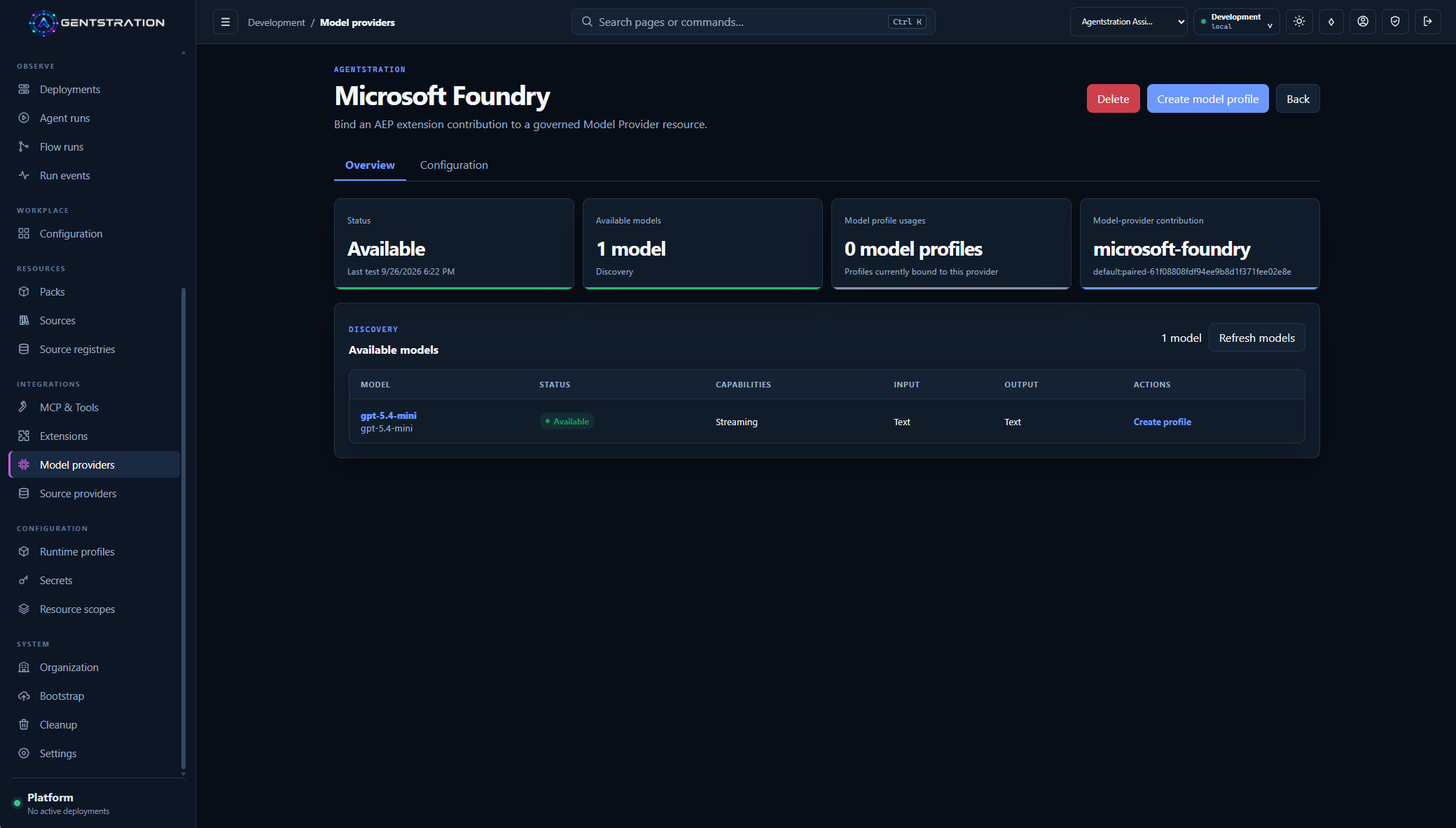 Microsoft Foundry Model Provider available in Agentstration, with its AEP contribution and discovered GPT-5.4 mini model