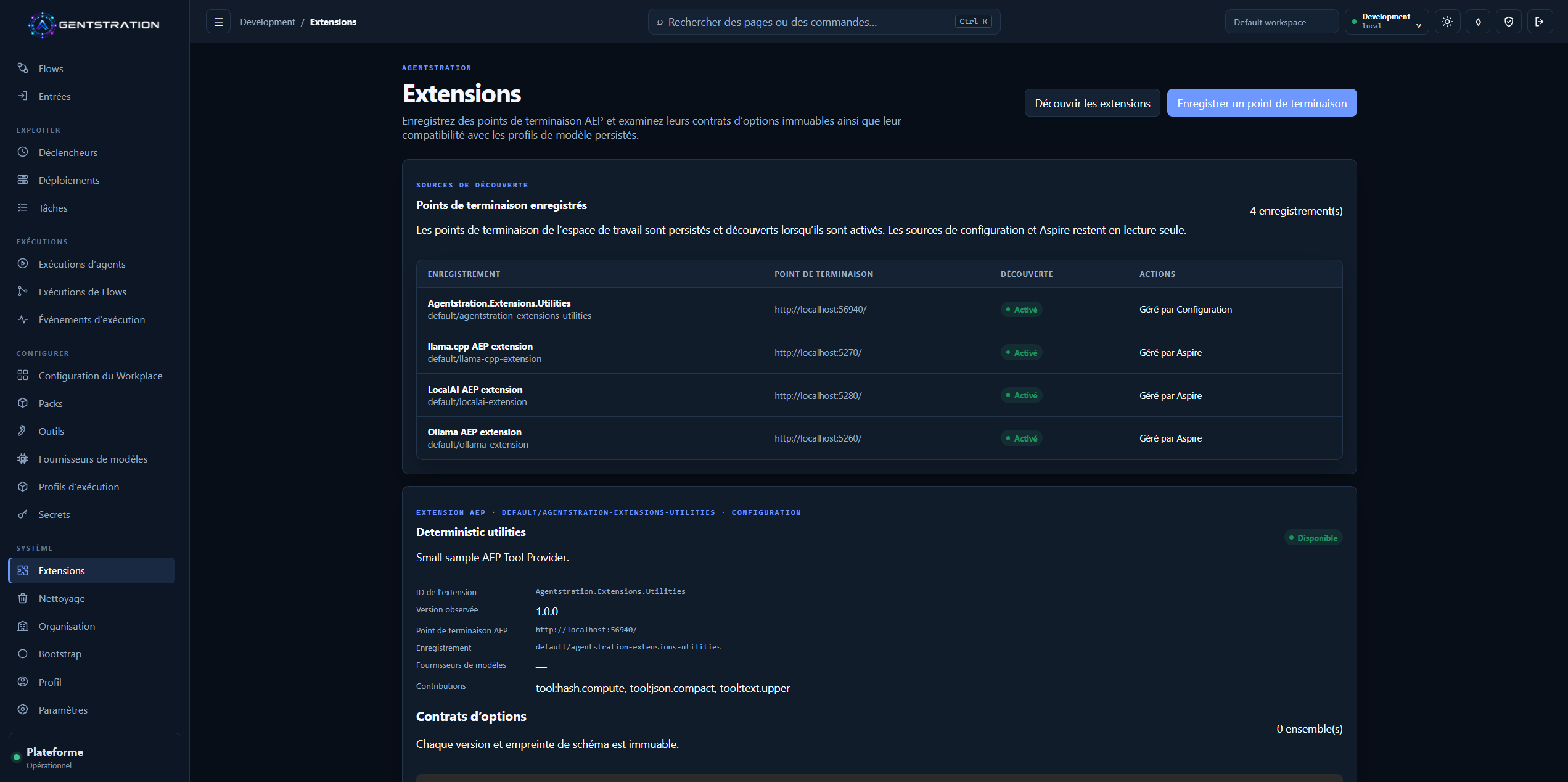 Console des Extensions Agentstration présentant les points de terminaison AEP enregistrés, les contributions découvertes et les métadonnées de contrats immuables