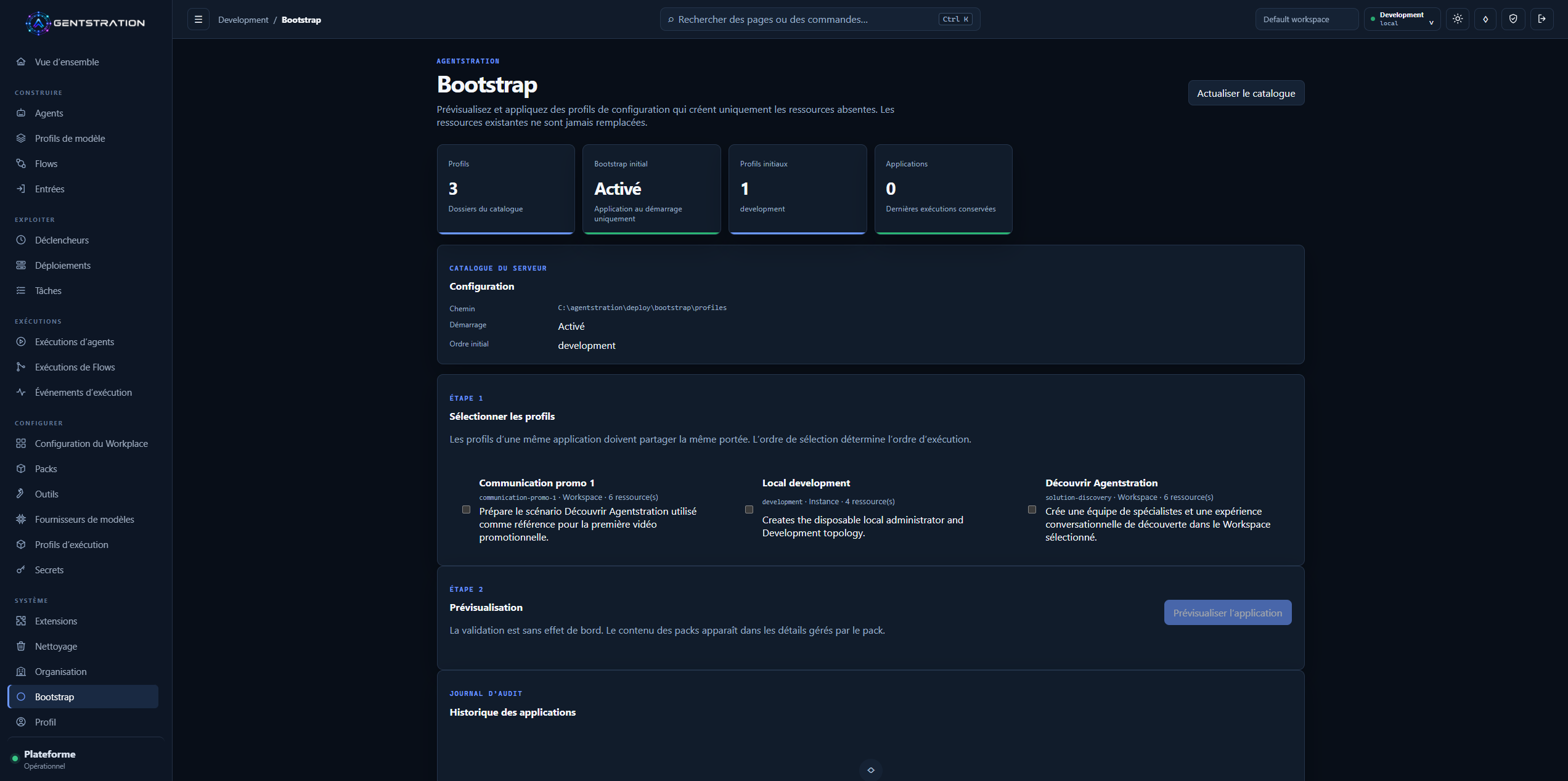 Catalogue Bootstrap Agentstration présentant l’état, les profils disponibles, la sélection ordonnée, la prévisualisation et l’historique d’application
