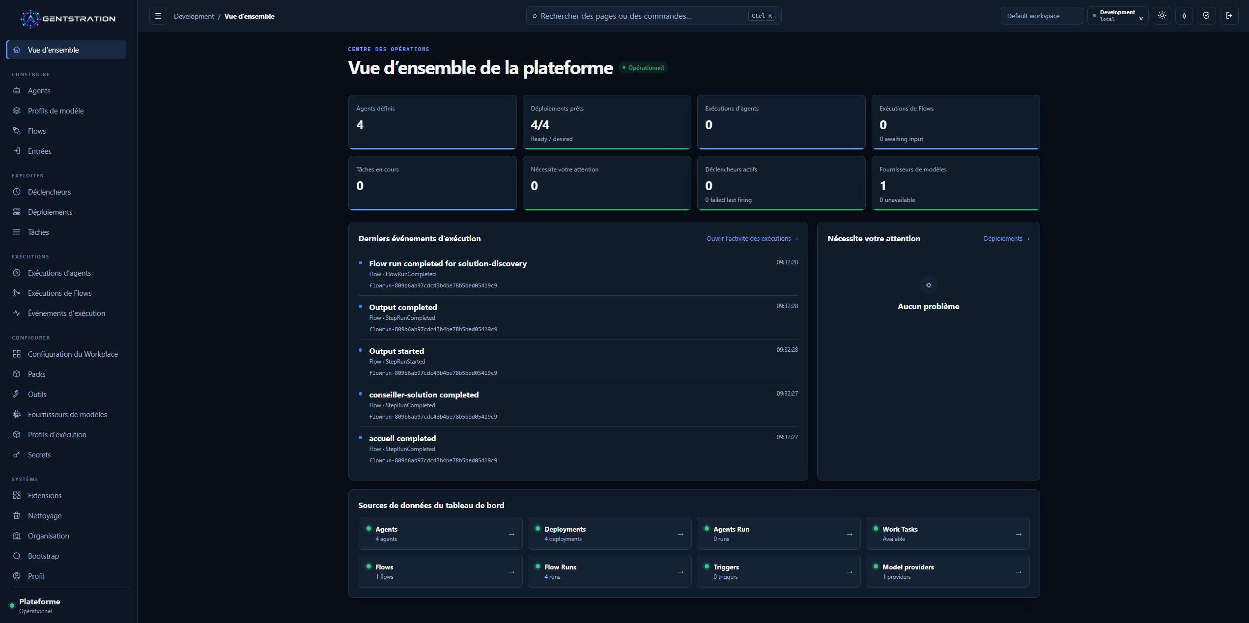 Centre des opérations Agentstration avec métriques persistées, état de la plateforme, événements d’exécution récents et navigation vers les sources de données