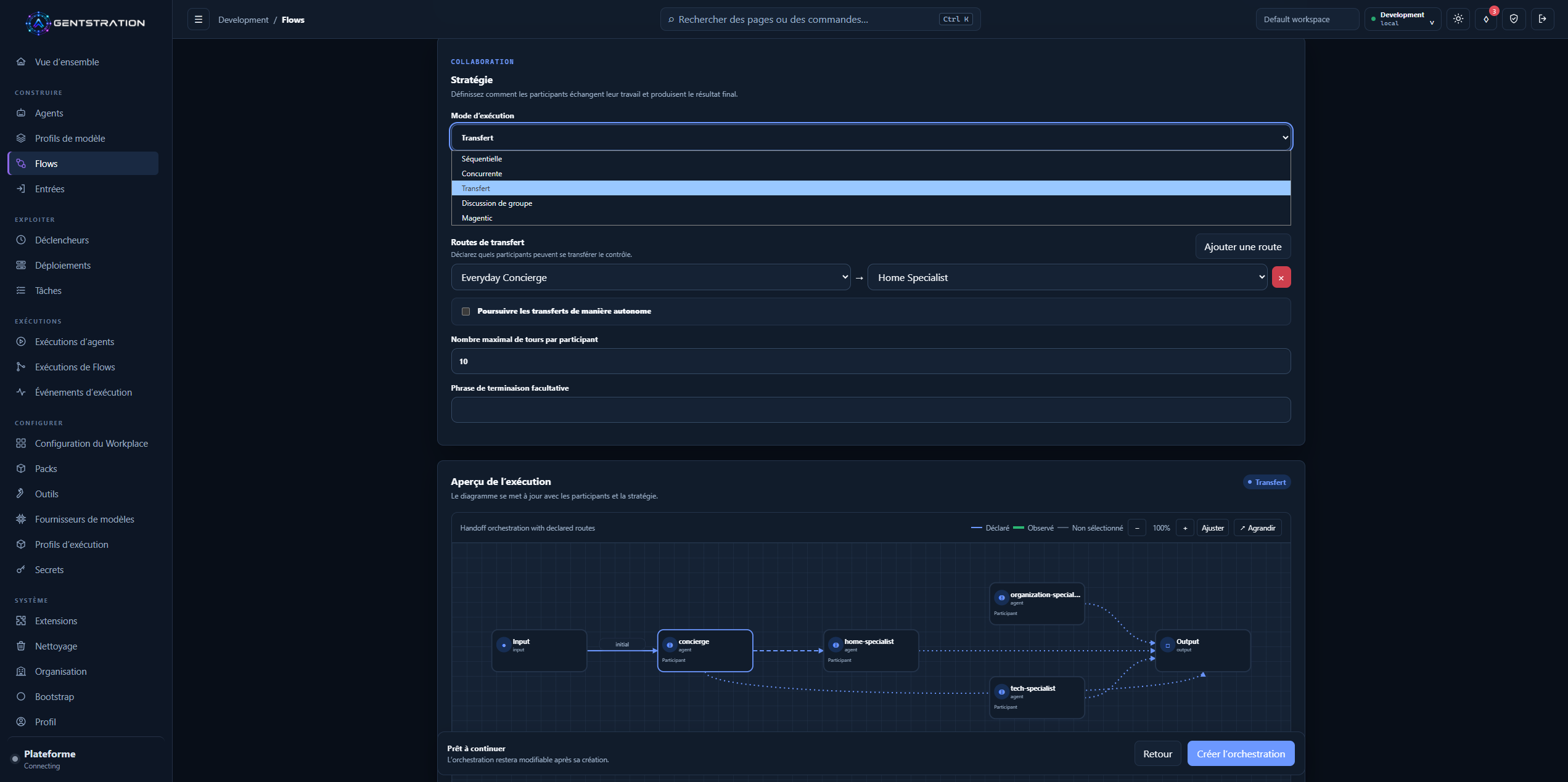 Configuration de l’orchestration d’un Flow Agentstration présentant le mode Transfert, les routes déclarées, les limites et l’aperçu d’exécution