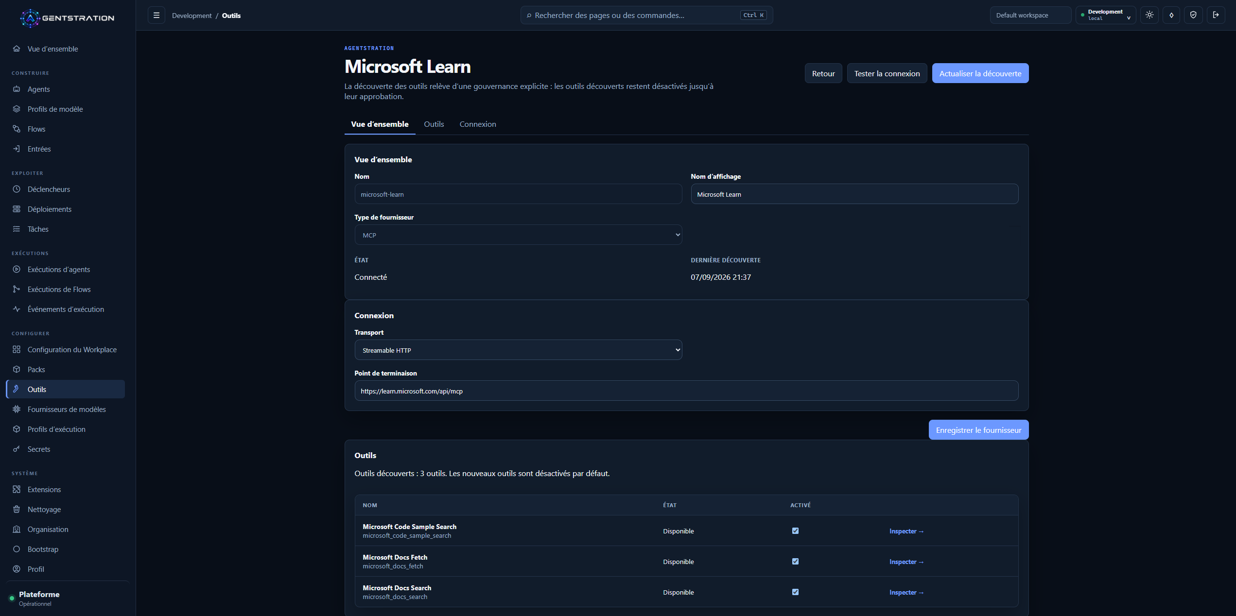 Fournisseur MCP Microsoft Learn avec découverte explicite et activation individuelle des outils dans Agentstration
