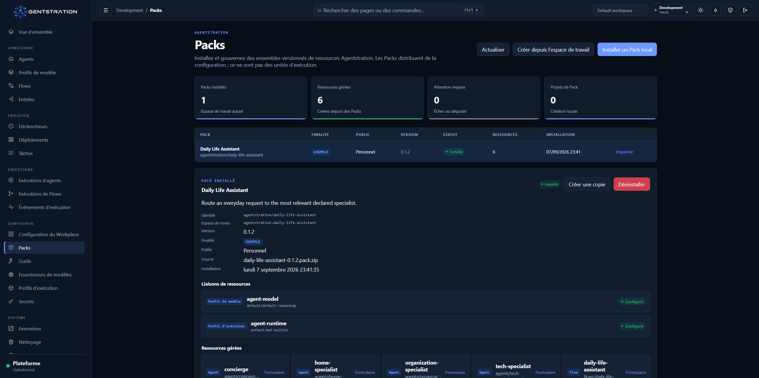 Pack Agentstration installé présentant sa provenance, ses liaisons de ressources, ses ressources gérées et ses contrôles de cycle de vie