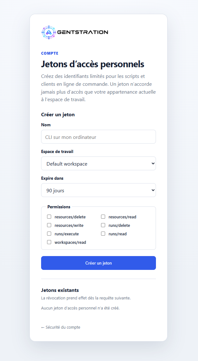Formulaire de jeton d’accès personnel Agentstration avec sélection du Workspace, de l’expiration et des permissions