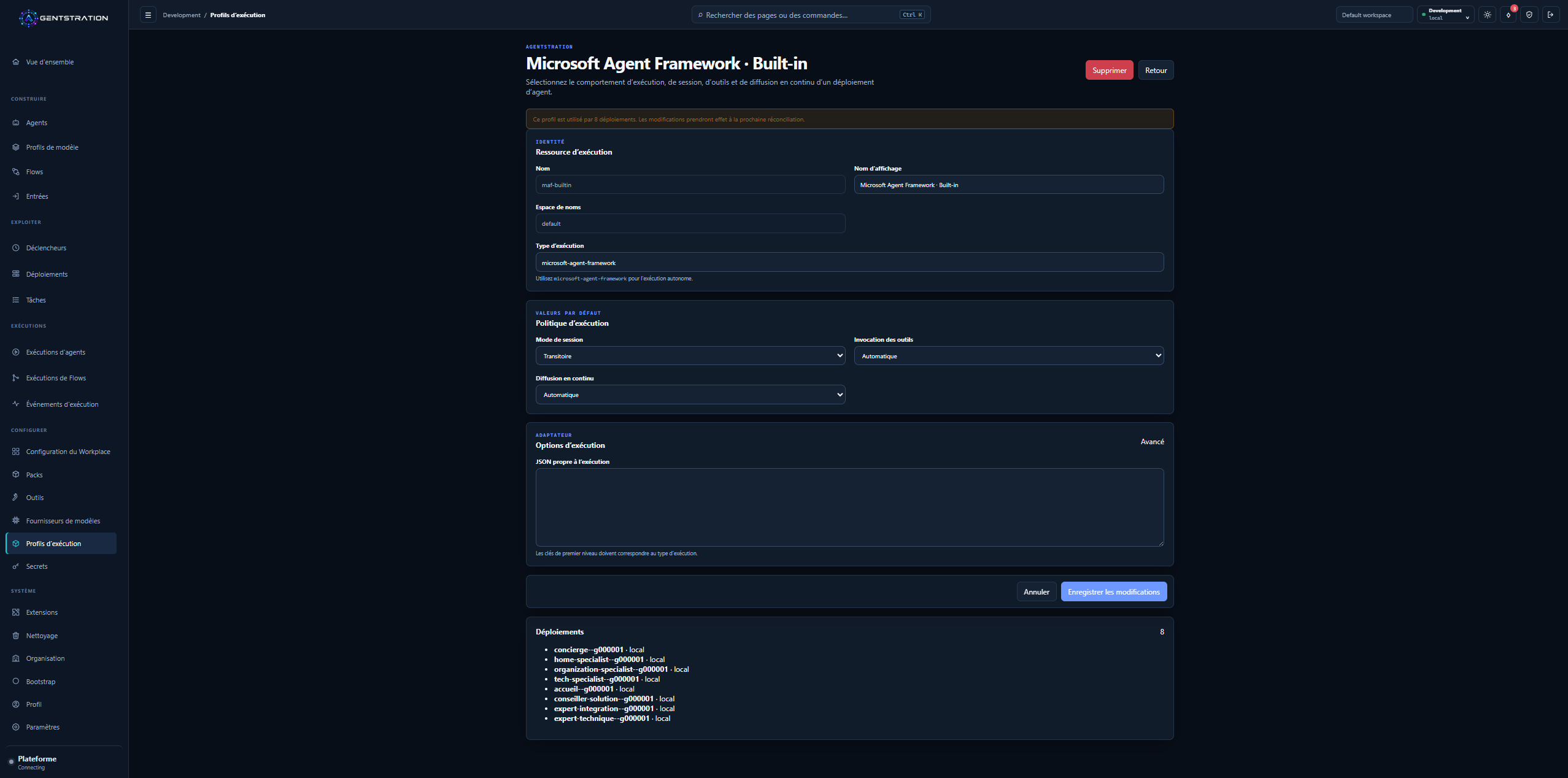 Profil d’exécution intégré Microsoft Agent Framework présentant sa politique d’exécution et les déploiements qui l’utilisent