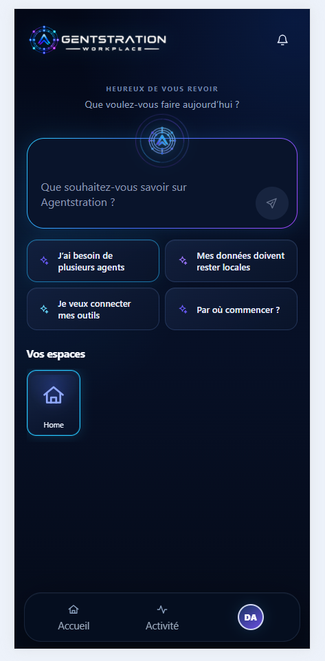 Accueil mobile de Workplace Agentstration présentant l’invite principale, les suggestions, les espaces et la navigation inférieure