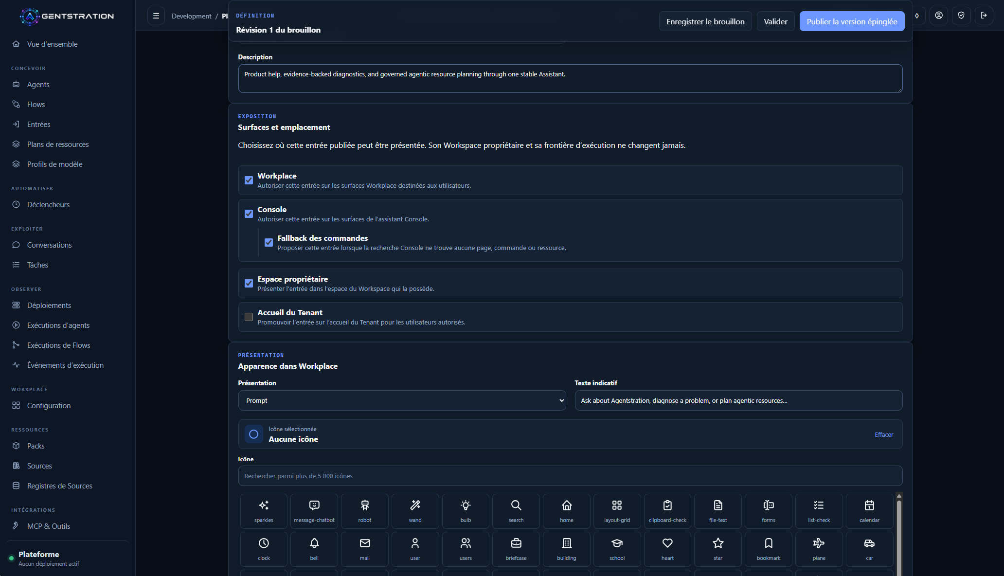 Configuration d’une Entrée publiée sur les surfaces Workplace et Console, avec fallback des commandes