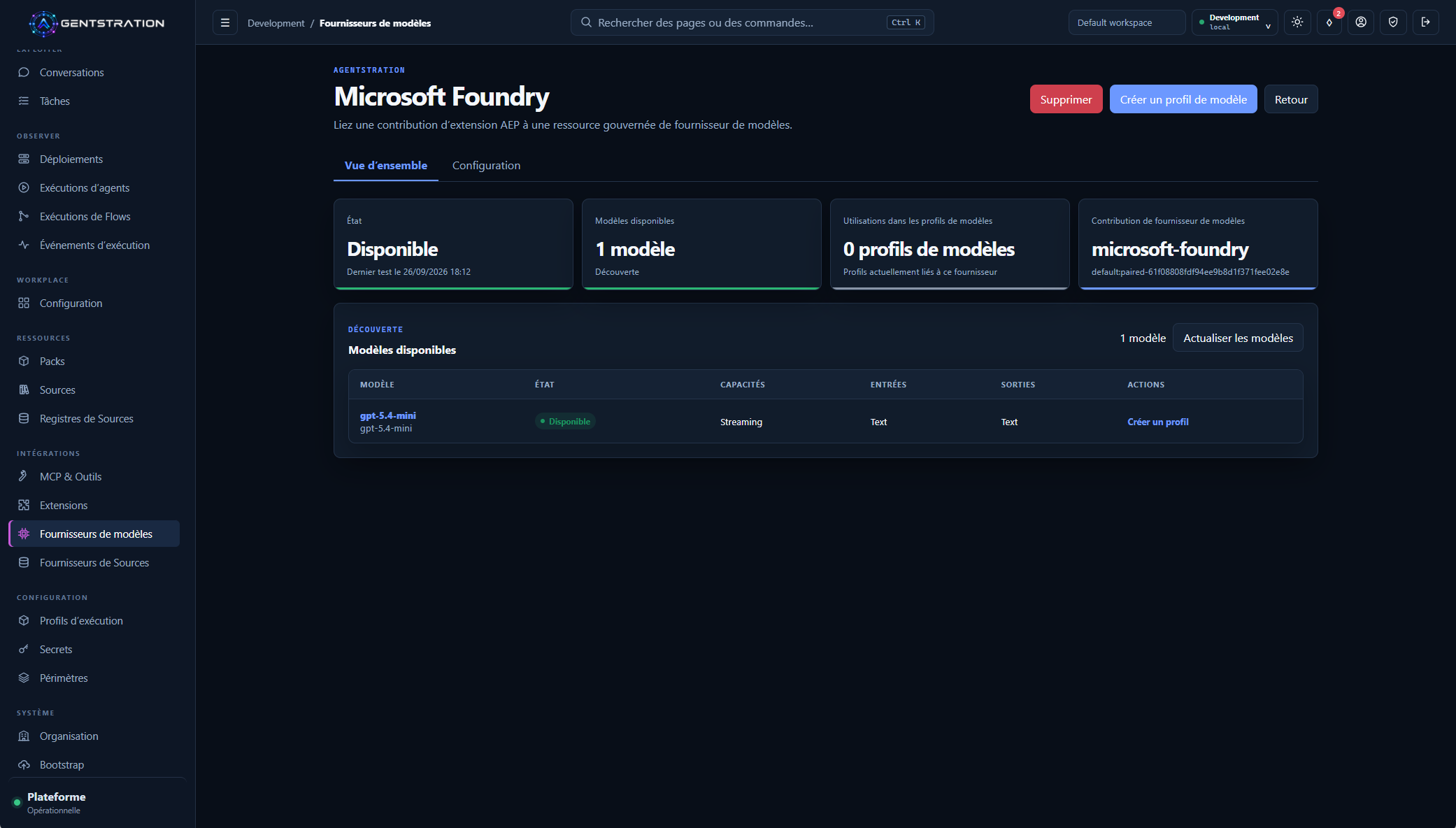 Fournisseur de modèles Microsoft Foundry disponible dans Agentstration, avec sa contribution AEP et le modèle GPT-5.4 mini découvert