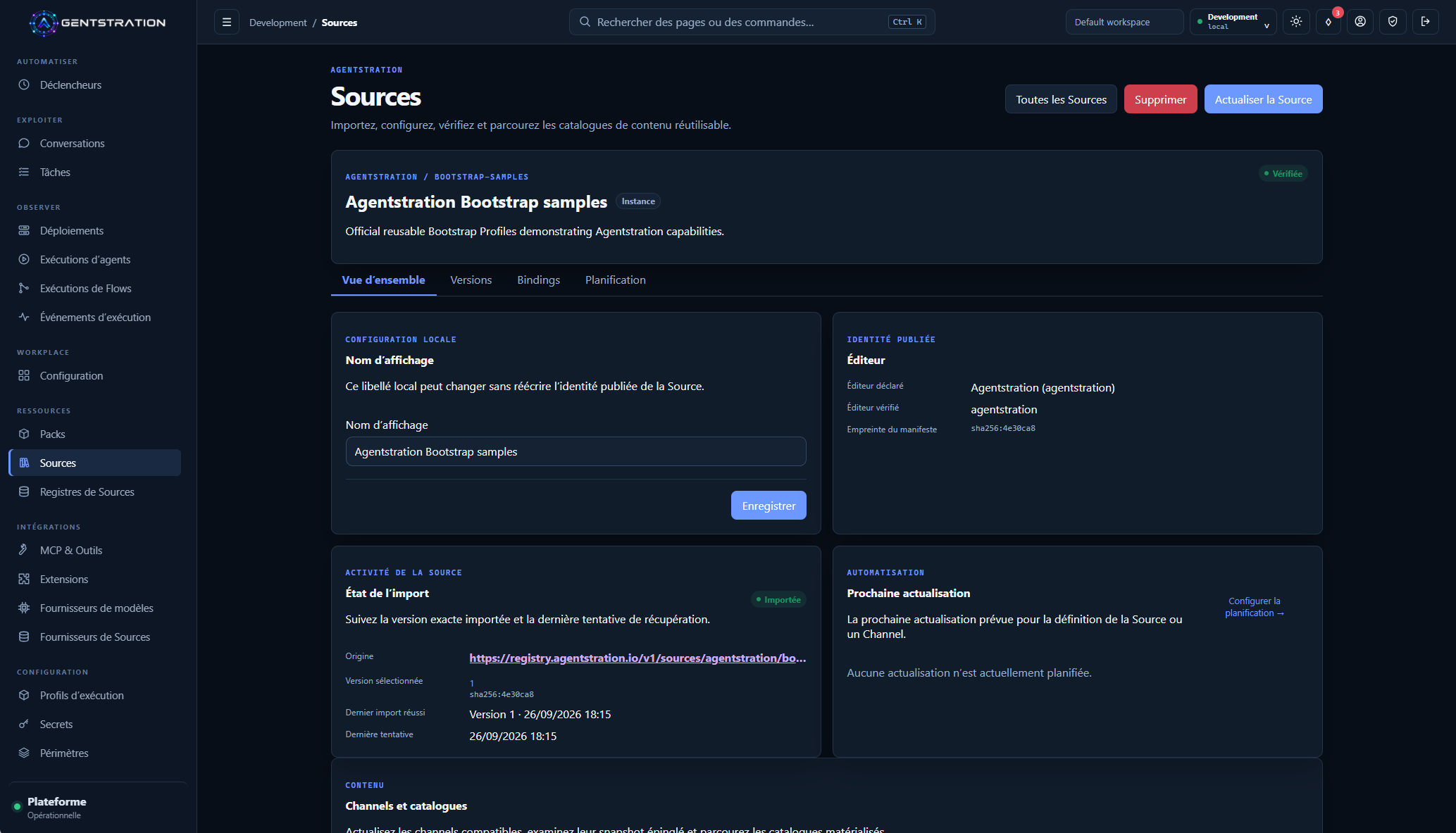 Source officielle Agentstration vérifiée, importée depuis le registre et disponible à la portée Instance